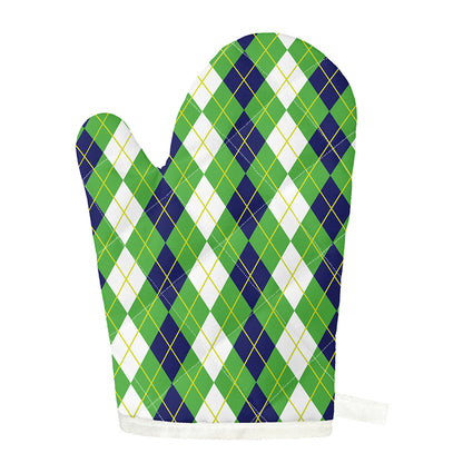 White Green And Navy Argyle Print Single Oven Mitt