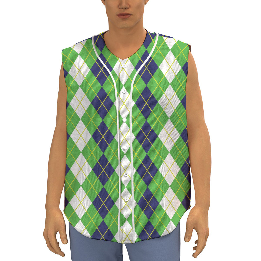 White Green And Navy Argyle Print Sleeveless Baseball Jersey