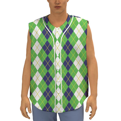 White Green And Navy Argyle Print Sleeveless Baseball Jersey