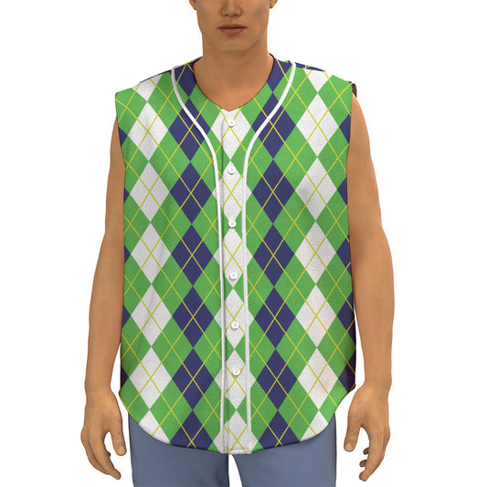 White Green And Navy Argyle Print Sleeveless Baseball Jersey