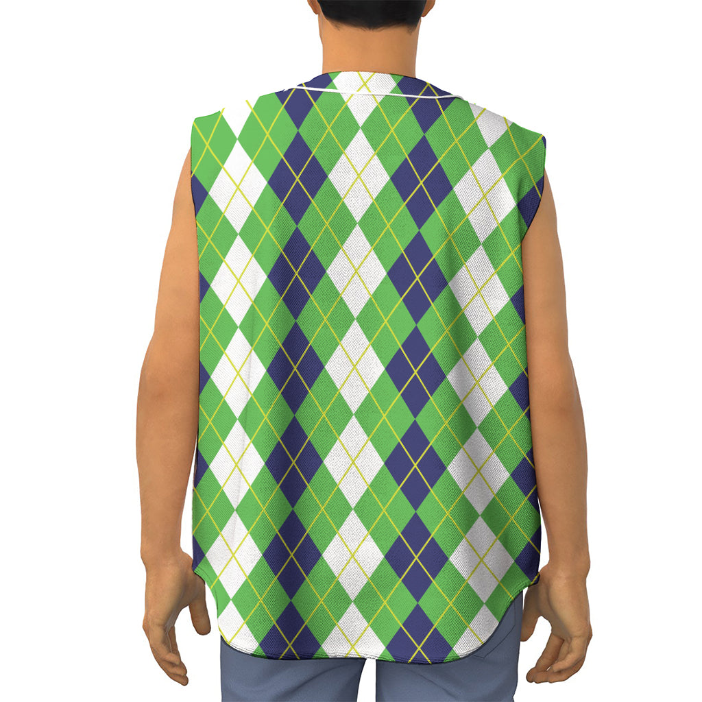 White Green And Navy Argyle Print Sleeveless Baseball Jersey