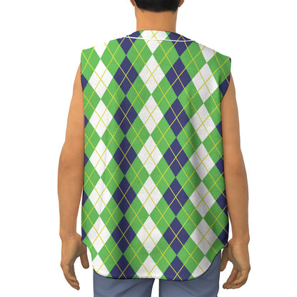 White Green And Navy Argyle Print Sleeveless Baseball Jersey