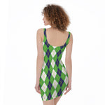 White Green And Navy Argyle Print Sleeveless Bodycon Dress
