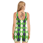 White Green And Navy Argyle Print Sleeveless One Piece Swimsuit
