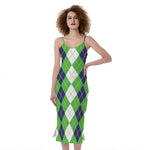 White Green And Navy Argyle Print Slim Fit Midi Cami Dress