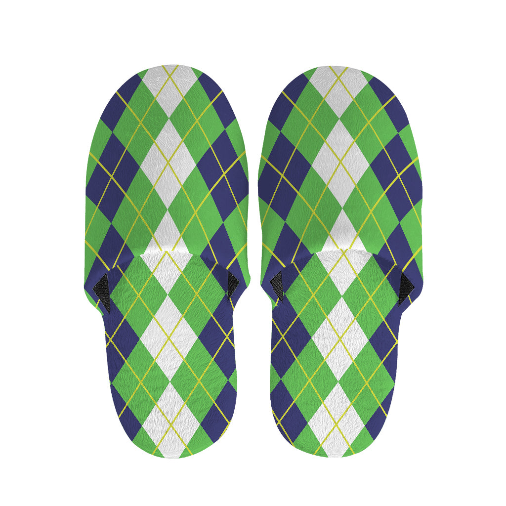 White Green And Navy Argyle Print Slippers