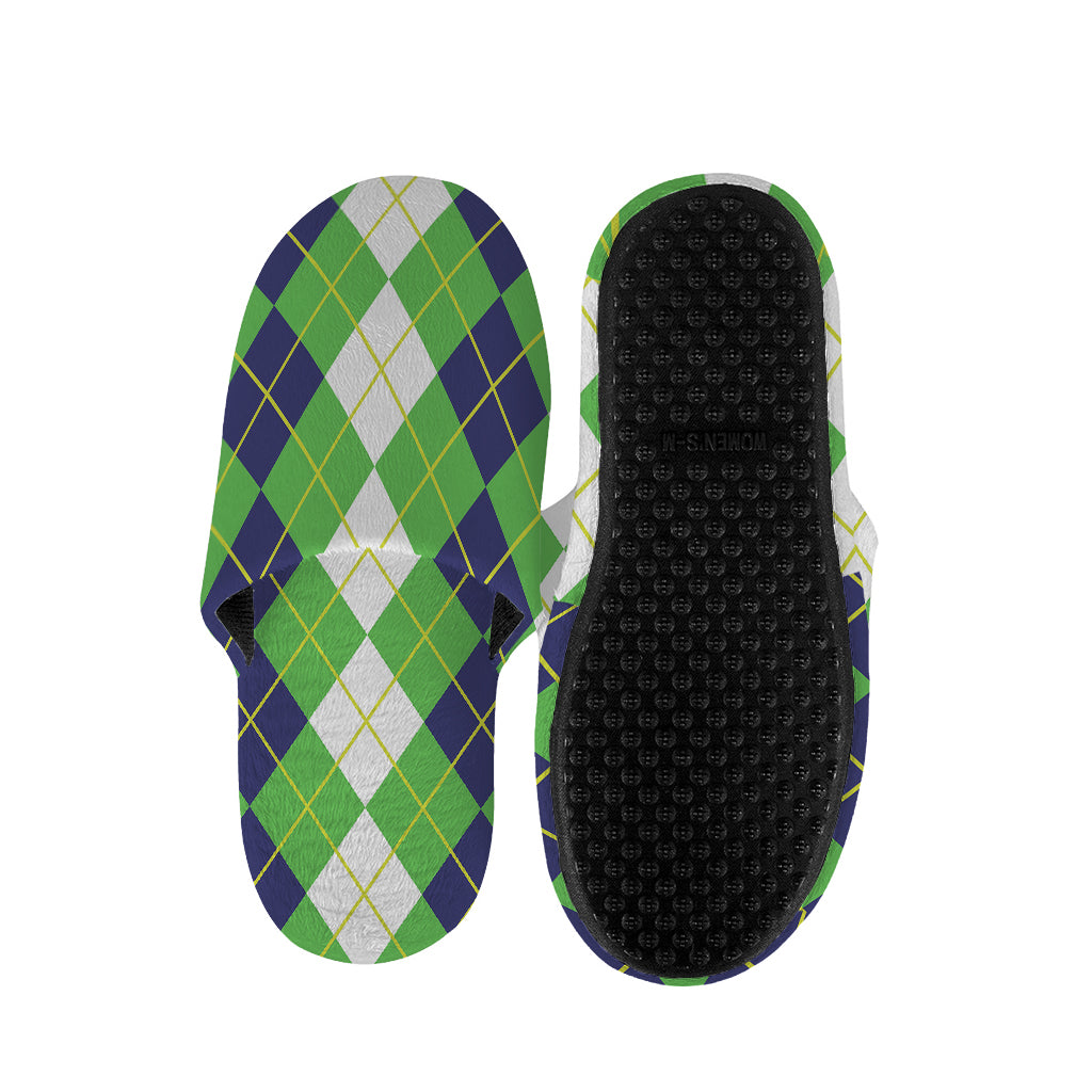 White Green And Navy Argyle Print Slippers
