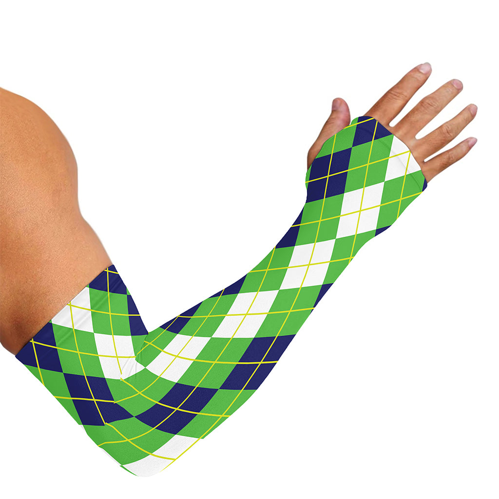 White Green And Navy Argyle Print Sun Protection Arm Sleeves