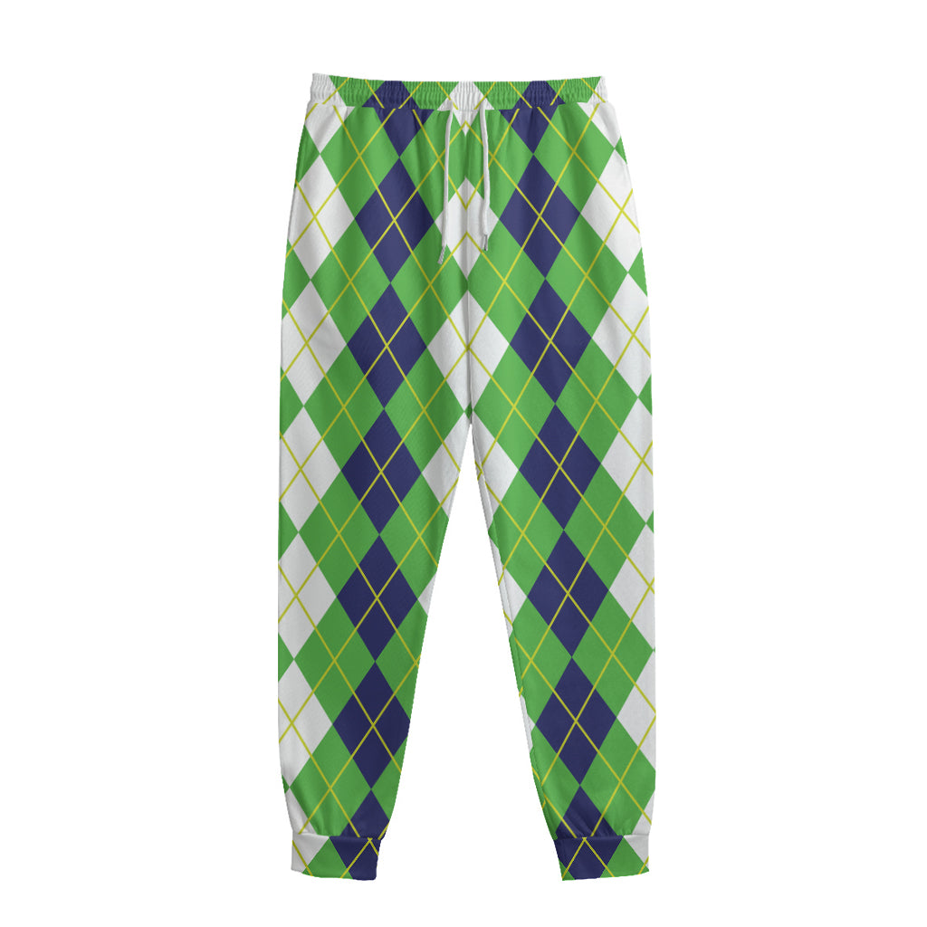 White Green And Navy Argyle Print Sweatpants