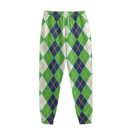 White Green And Navy Argyle Print Sweatpants
