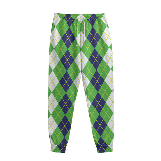 White Green And Navy Argyle Print Sweatpants