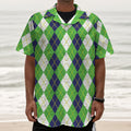 White Green And Navy Argyle Print Textured Short Sleeve Shirt