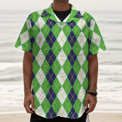 White Green And Navy Argyle Print Textured Short Sleeve Shirt