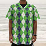 White Green And Navy Argyle Print Textured Short Sleeve Shirt