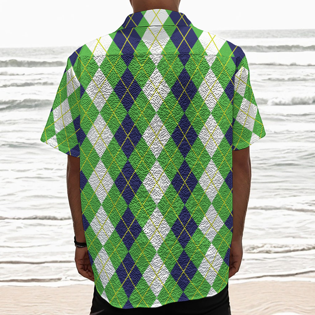 White Green And Navy Argyle Print Textured Short Sleeve Shirt