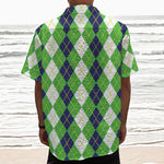 White Green And Navy Argyle Print Textured Short Sleeve Shirt