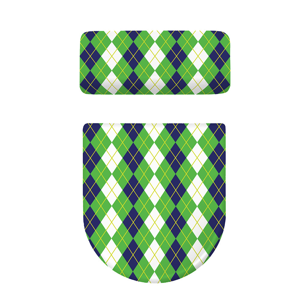 White Green And Navy Argyle Print Toilet Lid And Tank Cover Set