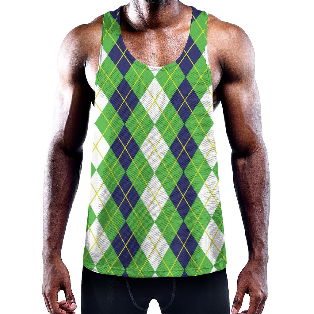 White Green And Navy Argyle Print Training Tank Top