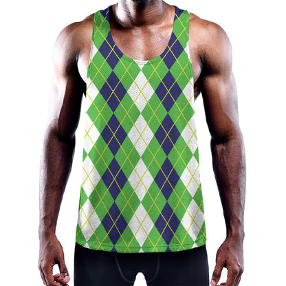 White Green And Navy Argyle Print Training Tank Top