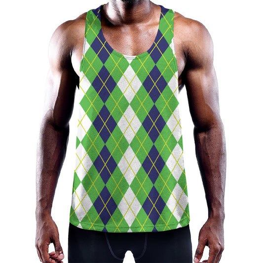 White Green And Navy Argyle Print Training Tank Top