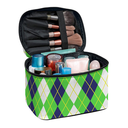 White Green And Navy Argyle Print Travel Makeup Bag