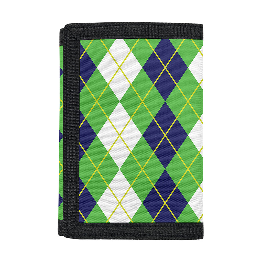 White Green And Navy Argyle Print Trifold Wallet