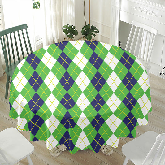White Green And Navy Argyle Print Waterproof Round Tablecloth