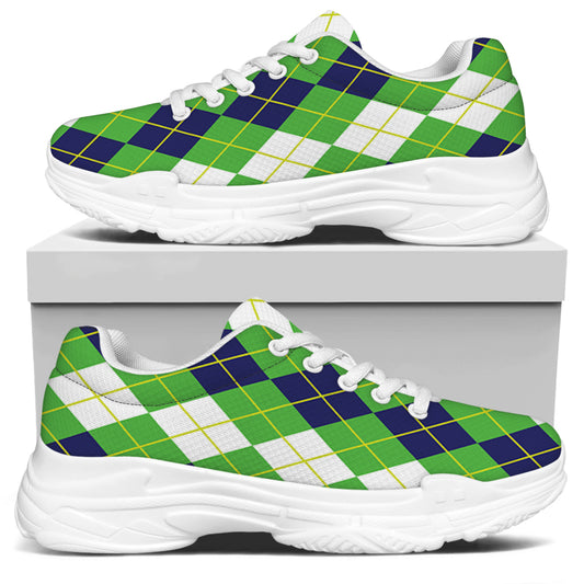 White Green And Navy Argyle Print White Chunky Shoes