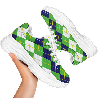 White Green And Navy Argyle Print White Chunky Shoes