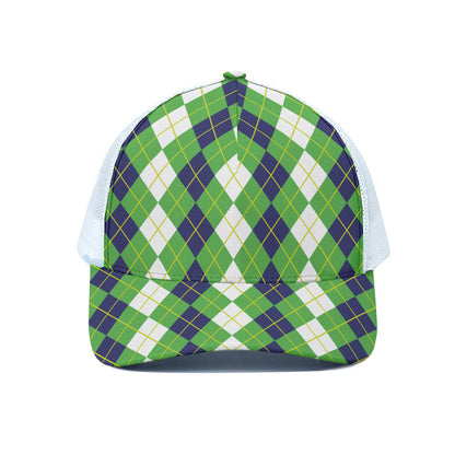 White Green And Navy Argyle Print White Mesh Trucker Cap