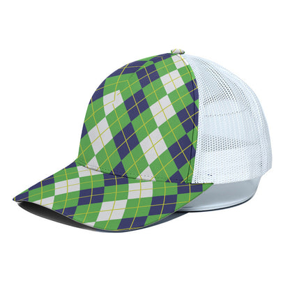 White Green And Navy Argyle Print White Mesh Trucker Cap