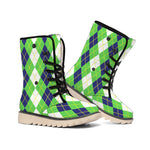 White Green And Navy Argyle Print Winter Boots