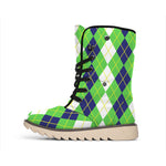 White Green And Navy Argyle Print Winter Boots