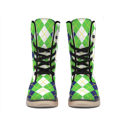 White Green And Navy Argyle Print Winter Boots