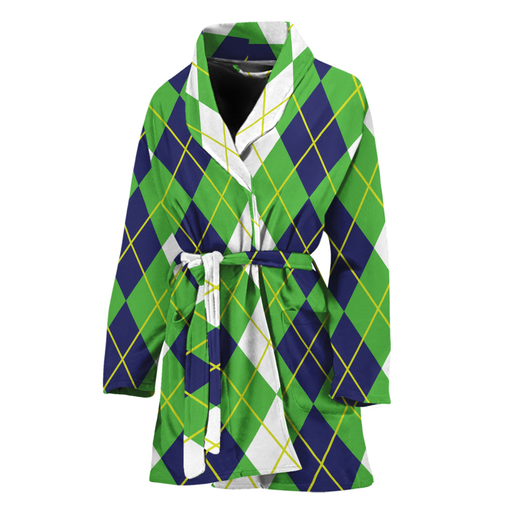 White Green And Navy Argyle Print Women's Bathrobe