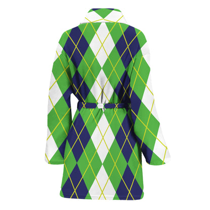 White Green And Navy Argyle Print Women's Bathrobe