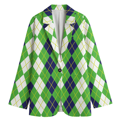 White Green And Navy Argyle Print Women's Blazer