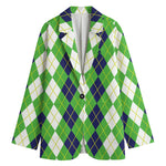 White Green And Navy Argyle Print Women's Blazer