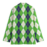 White Green And Navy Argyle Print Women's Blazer
