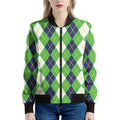 White Green And Navy Argyle Print Women's Bomber Jacket