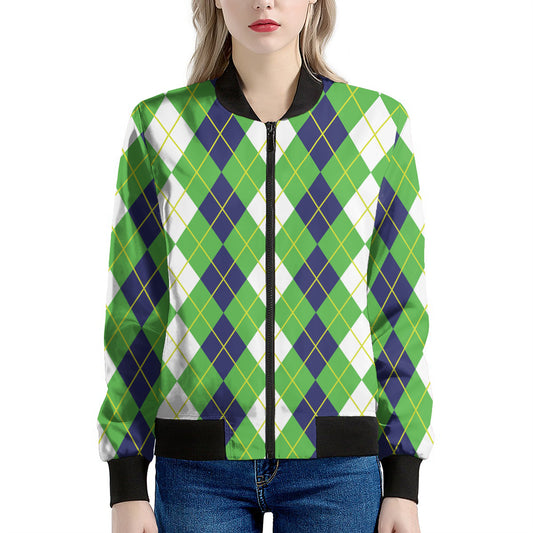 White Green And Navy Argyle Print Women's Bomber Jacket