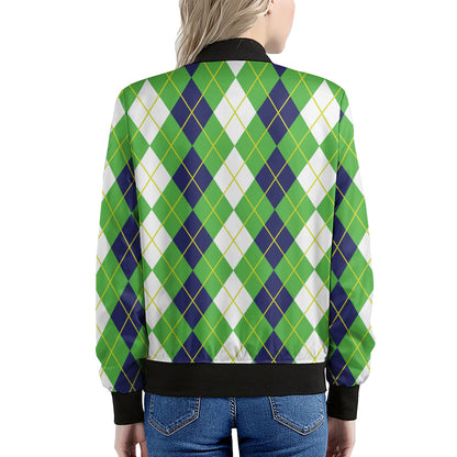 White Green And Navy Argyle Print Women's Bomber Jacket