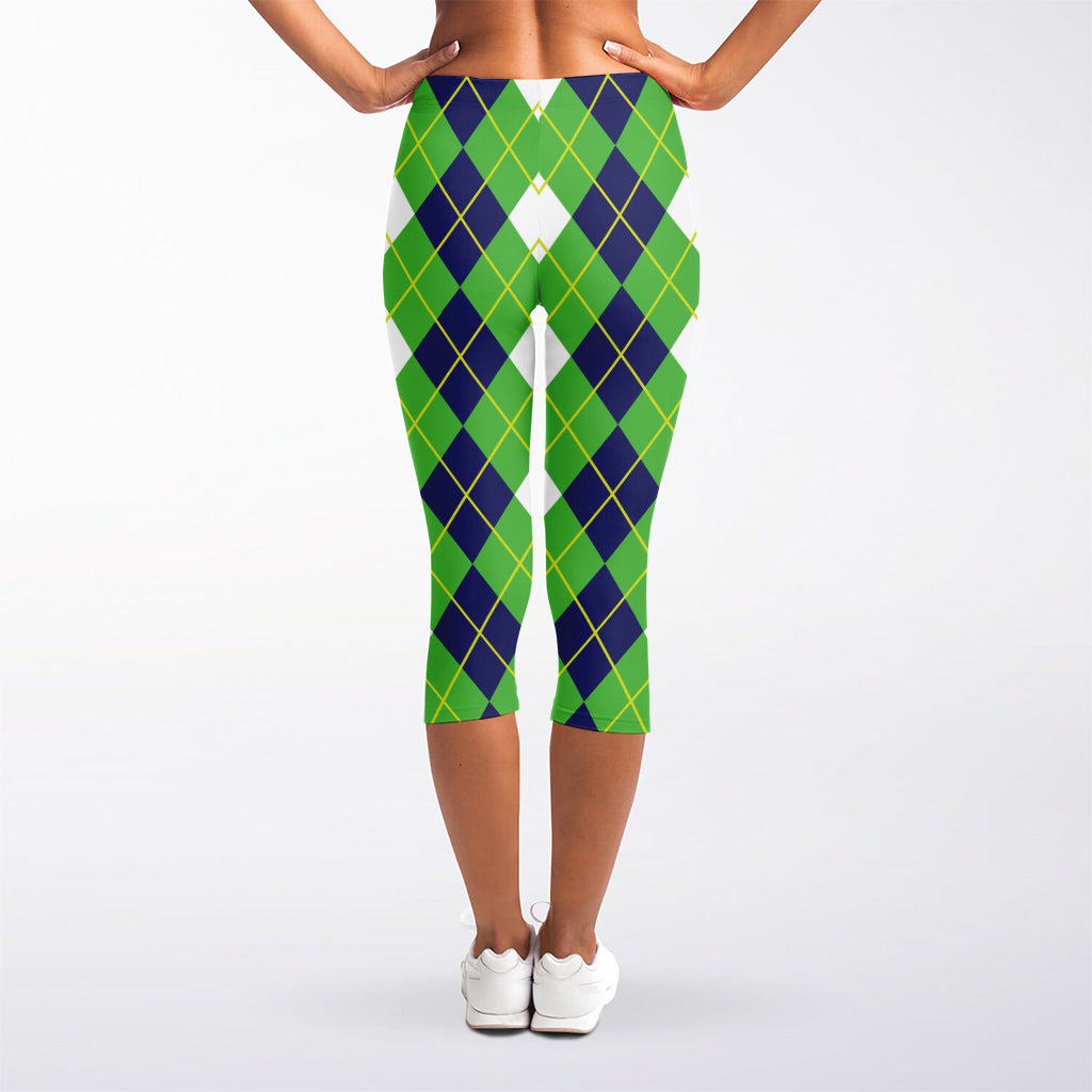 White Green And Navy Argyle Print Women's Capri Leggings