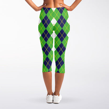 White Green And Navy Argyle Print Women's Capri Leggings