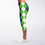 White Green And Navy Argyle Print Women's Capri Leggings