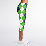 White Green And Navy Argyle Print Women's Capri Leggings