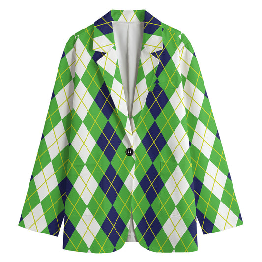White Green And Navy Argyle Print Women's Cotton Blazer