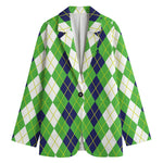 White Green And Navy Argyle Print Women's Cotton Blazer