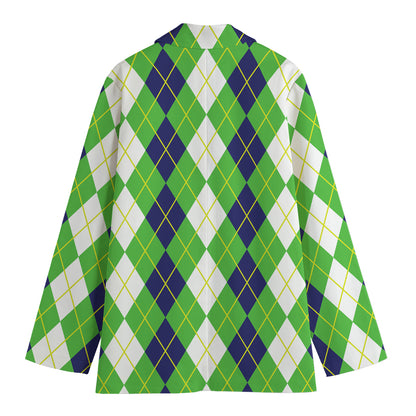White Green And Navy Argyle Print Women's Cotton Blazer