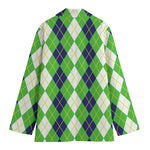 White Green And Navy Argyle Print Women's Cotton Blazer